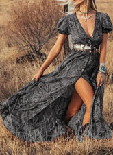 Vintage Floral Print Chiffon Gypsy Hippie Boho Dress